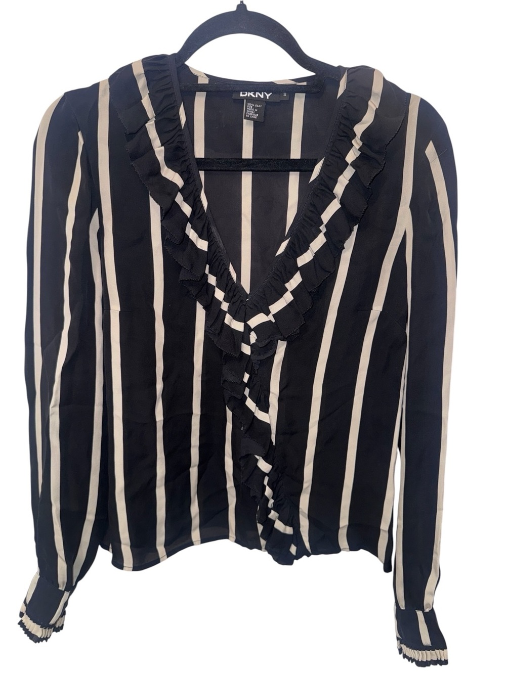DKNY Black and White Vertical Stripe Ruffle V-Neck Blouse